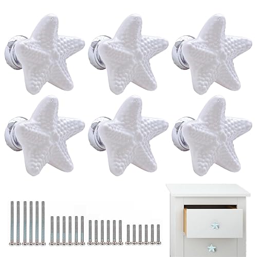 MARSTREE 6 Pack Cabinet Handles White Ceramic Drawer Knobs Starfish