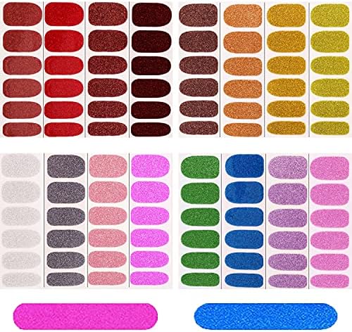 AMVBF 16 Sheets Full Wraps Glitter Nail Stickers with 2 Pieces Nail Files, Self-Adhesive Shiny Gradient Nail Polish Strips for Women Girls DIY Nail Art Design