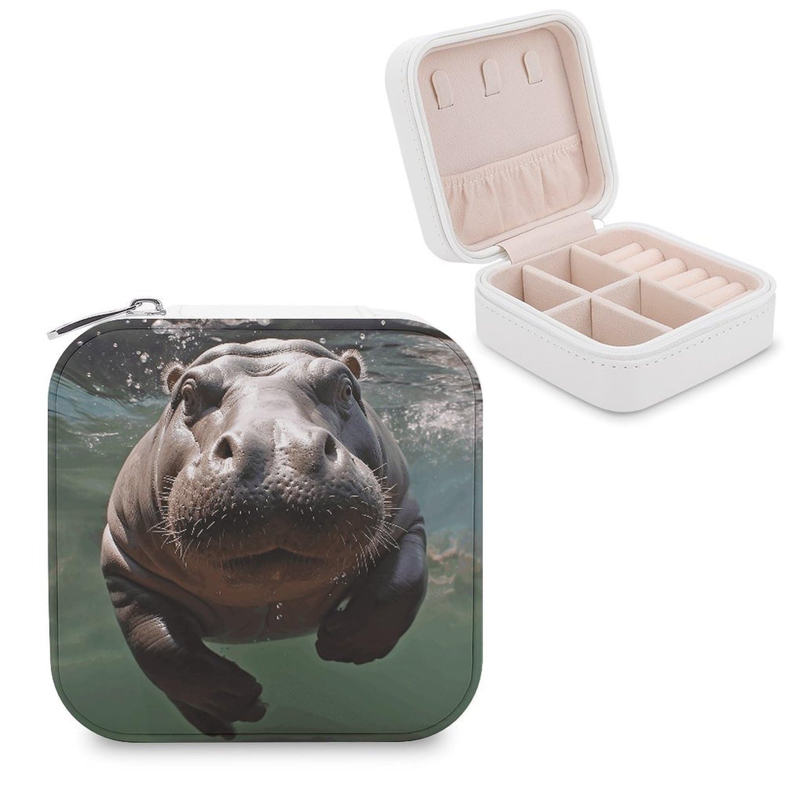 VstaDank Diving Hippo Jewelry Box Exquisite Leather Jewelry Organizer Portable Trinket Organizer Fashion Travel Jewelry Case for Rings Earrings Necklaces Unique Gifts for Women
