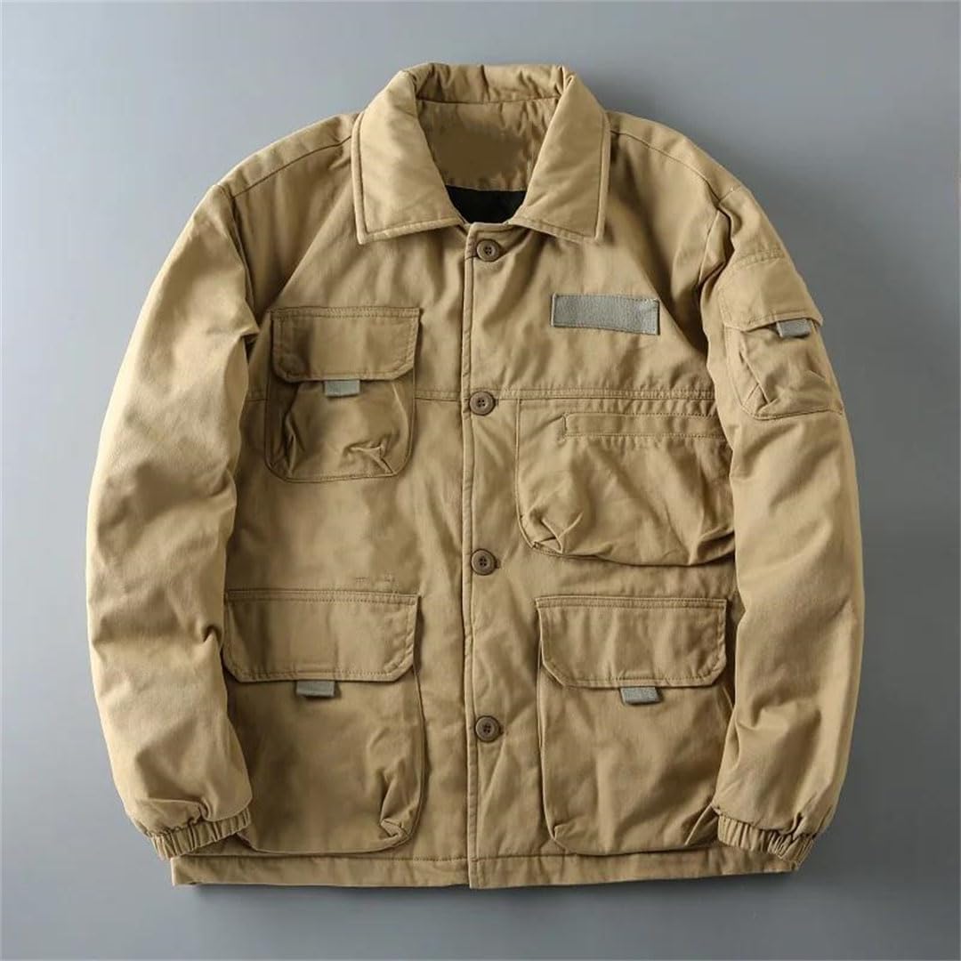 Men's Thick Cotton Padded Cargo Jackets Loose Warm Parkas Multi-Pocket Coat