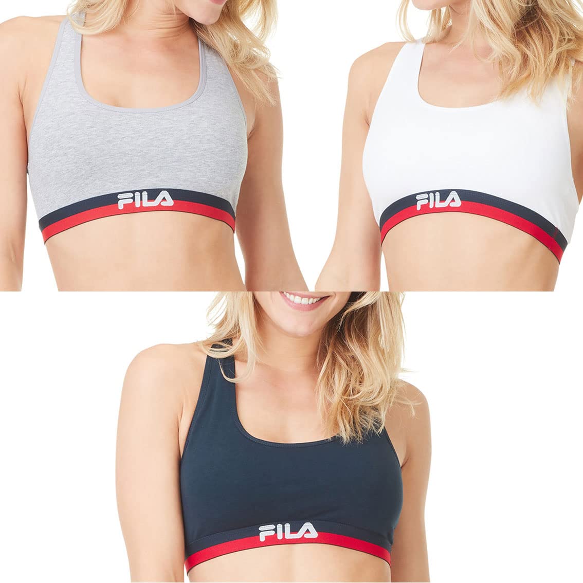 FILA Sujetador Deportivo Mujer algodón, Ropa Deportiva, Gym y Yoga (lote de 3)