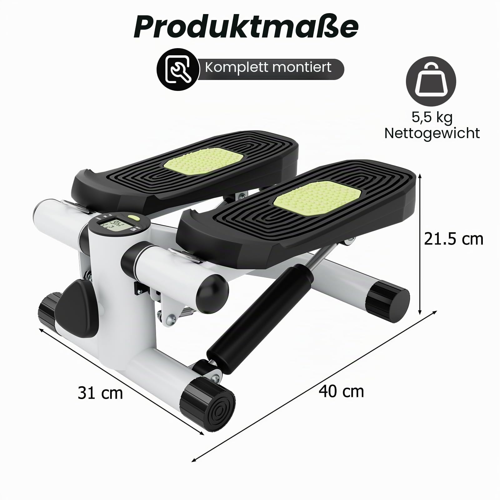 KOMFOTTEU Mini Stepper tragbar, Swing Stepper höhenverstellbar mit Widerstandsbändern, LCD-Bildschirm, rutschfeste Pedale, Fitnessgeräte bis 100 kg für Körpertraining, Übung