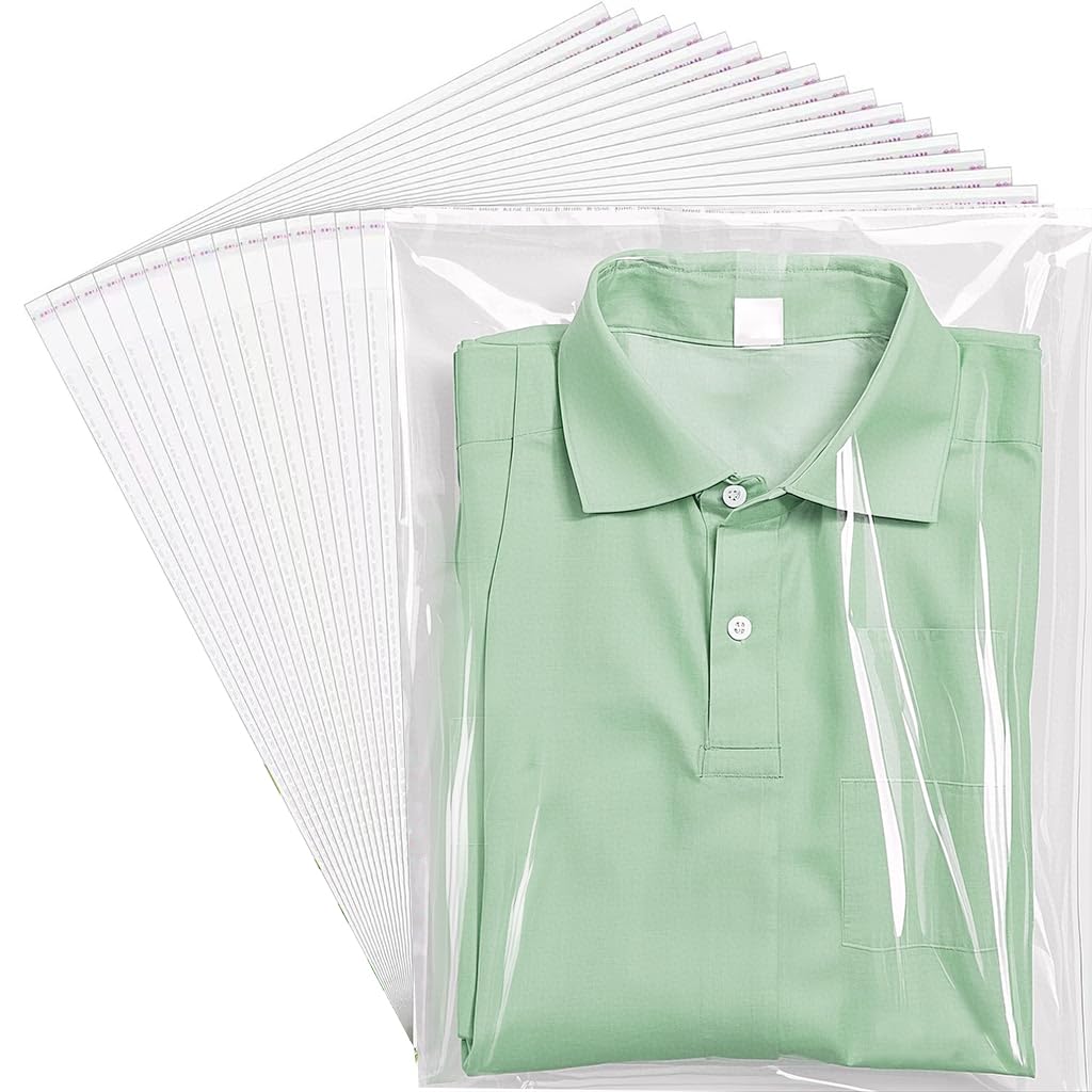 Clear Resealable Cellophane Plastic Bags Self Adhesive for Packaging Shirts, Clothing and Products,100 Pcs 10x14 Inches Self Sealing Cellophane Bags
