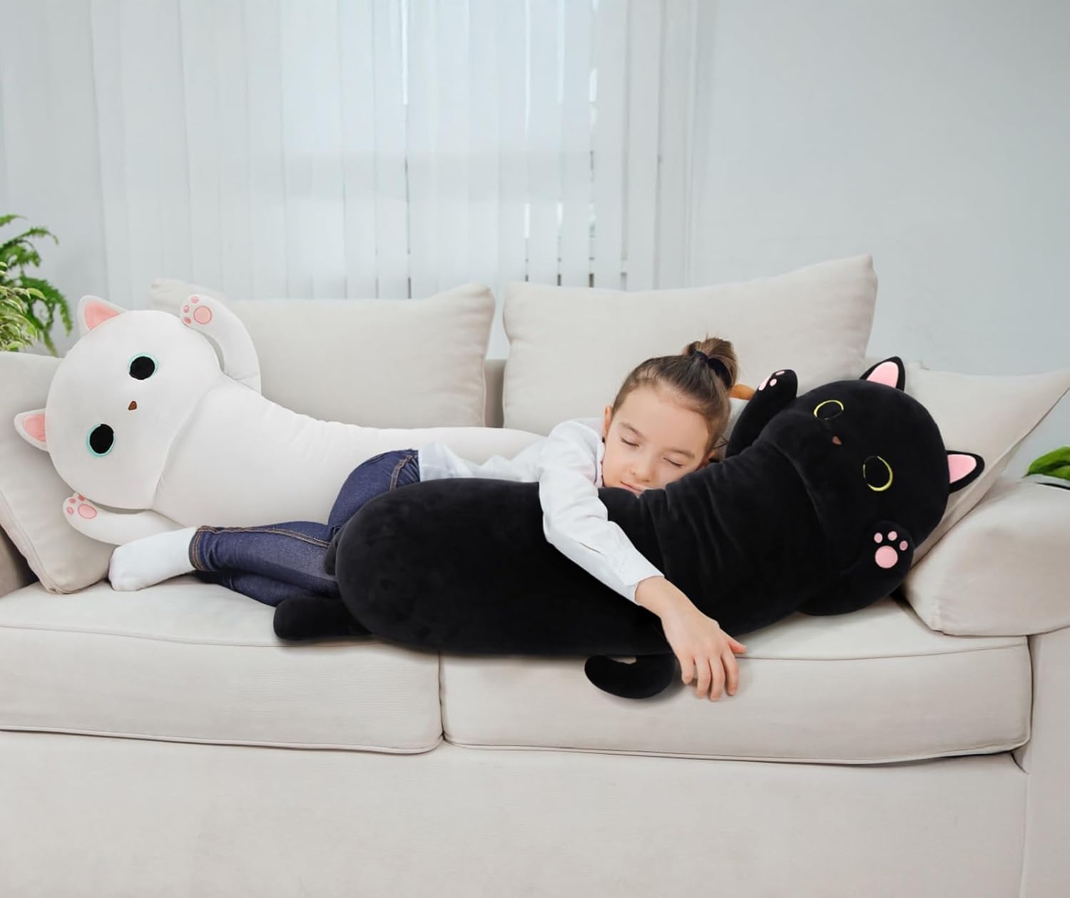 MaoGoLan Long Cat Plush Body Pillow, 44'' Giant White Glow in The Dark Cat Stuffed Animal Toy for Girl Boy Kid, Big Cute Kitty Plush Throw Pillow for Valentines Birthday Gift, Baby Shower Party Decor