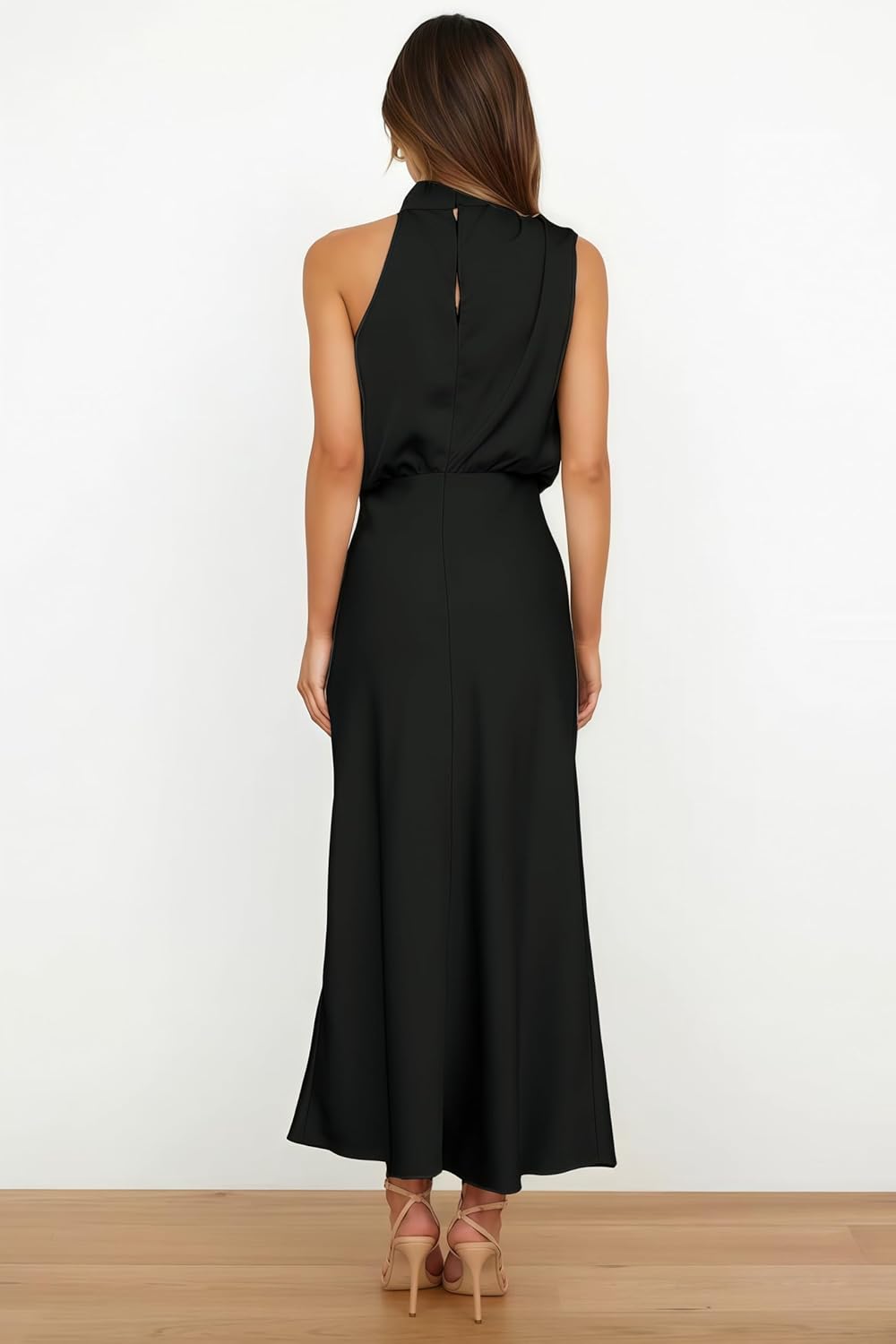 Mettclasi Women's Spring Summer Satin Sleeveless Halter Maxi Dress Elegant Formal Mock Neck Cocktail Party Evening Dress