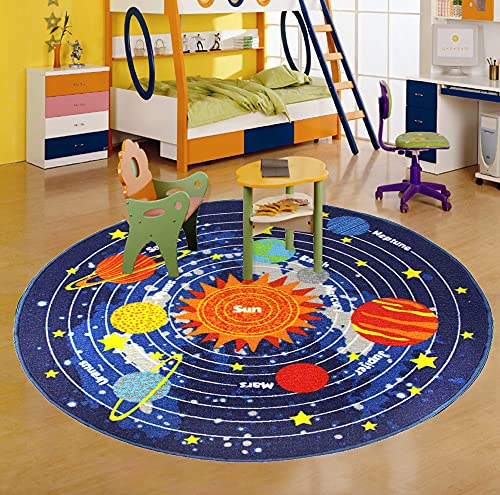 Blue Solar System Kids Area Rug Educational Learning Carpet Fun Rug Children Area Rug for Playroom & Nursery (39" Round, Round Solar)