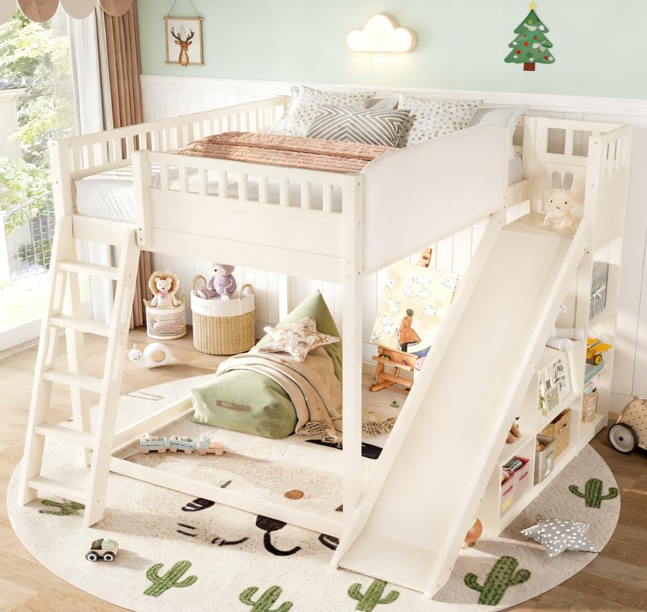 Image of Bellemave Bunk beds Full Over Full with Slide and Stair and headboard, Low bunk /loft Bed for Kids,Beige