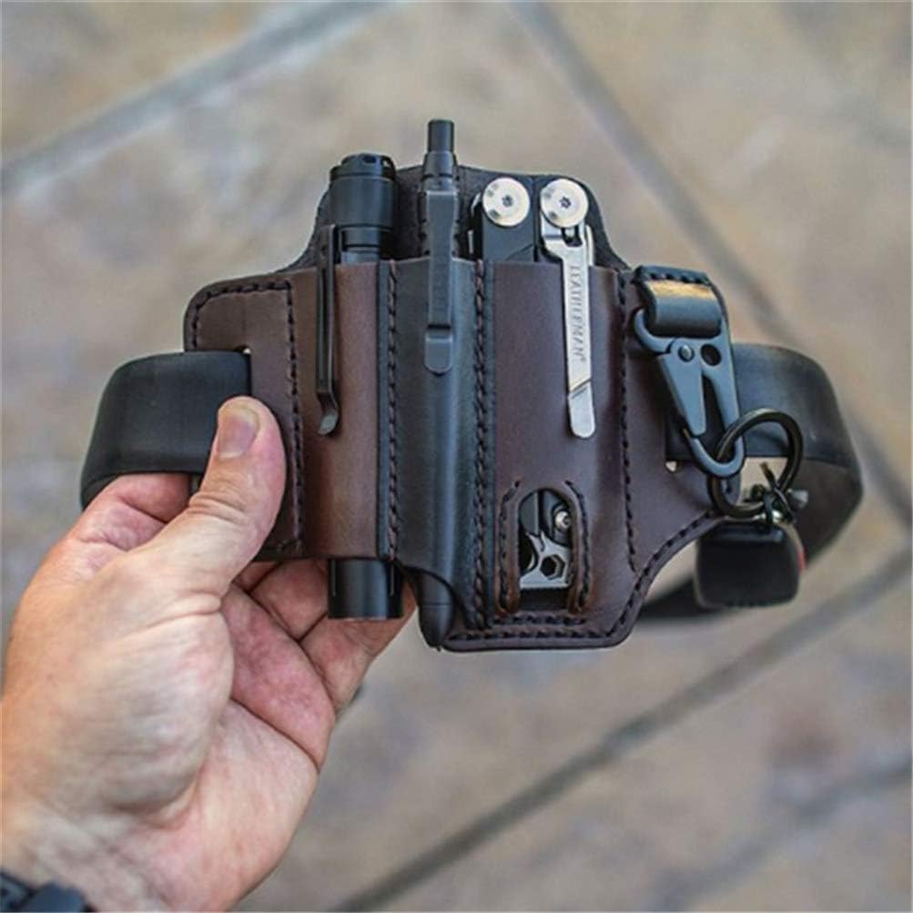 EDC Leather Sheath Organizer, Leather Belt Loop Waist Multitool Sheath with Key Holder, Leather EDC Pocket Organizer with Pen Holder, Flashlight Sheath, Mini Tools