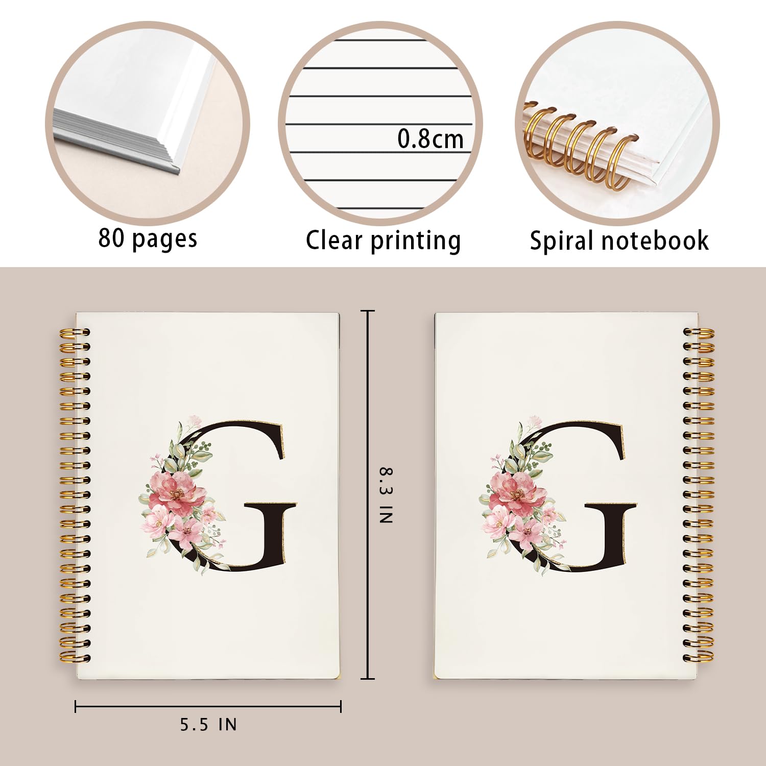 Cuaderno de letra G con inicial G, cuaderno personalizado con monograma de flores rosadas y doradas, regalos para mujeres, cuaderno en espiral personalizado, 5.5 x 8.3 pulgadas