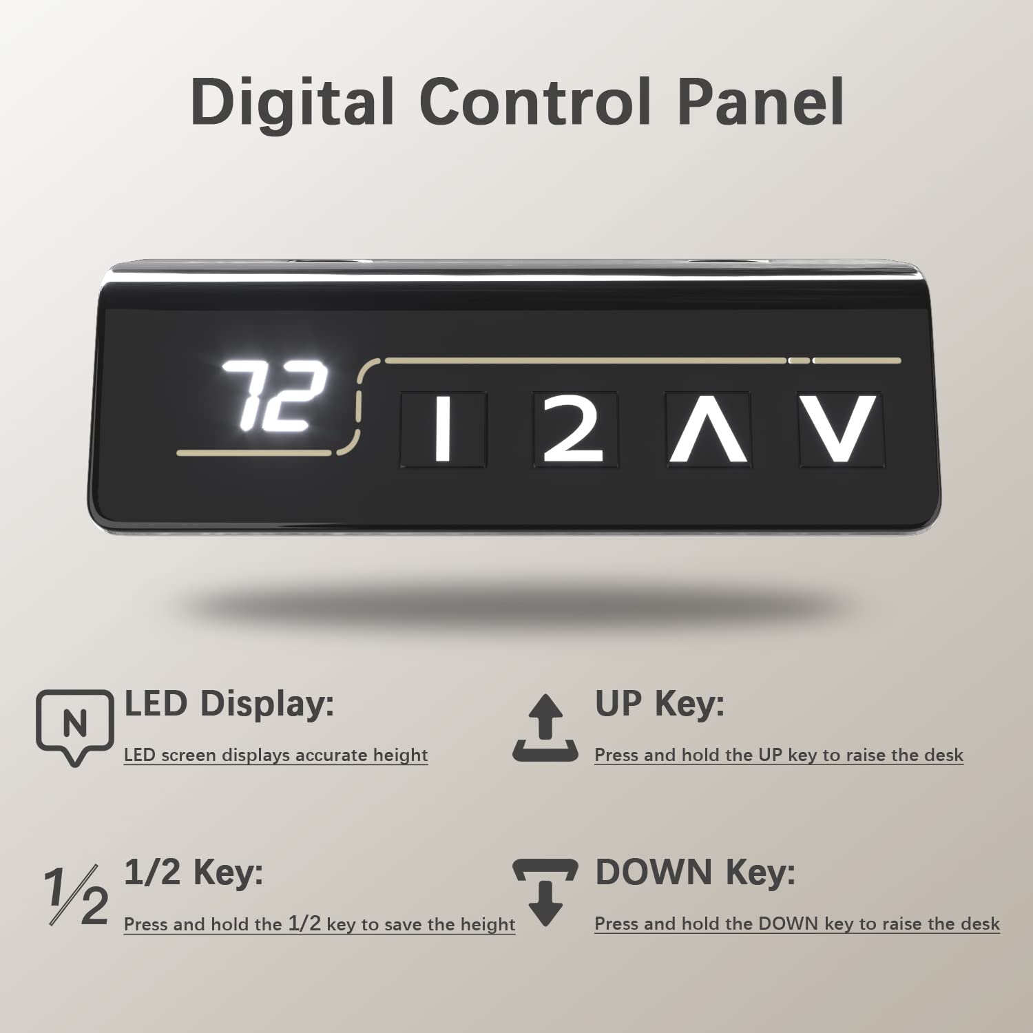 Close-up of the digital control panel for the Furmax standing desk, showing an LED display, UP key, DOWN key, and 1/2 memory key.