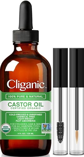 Cliganic Aceite de ricino orgánico 100 puro 4 onzas con kit de pestañas - Para pestañas cejas cabello y piel