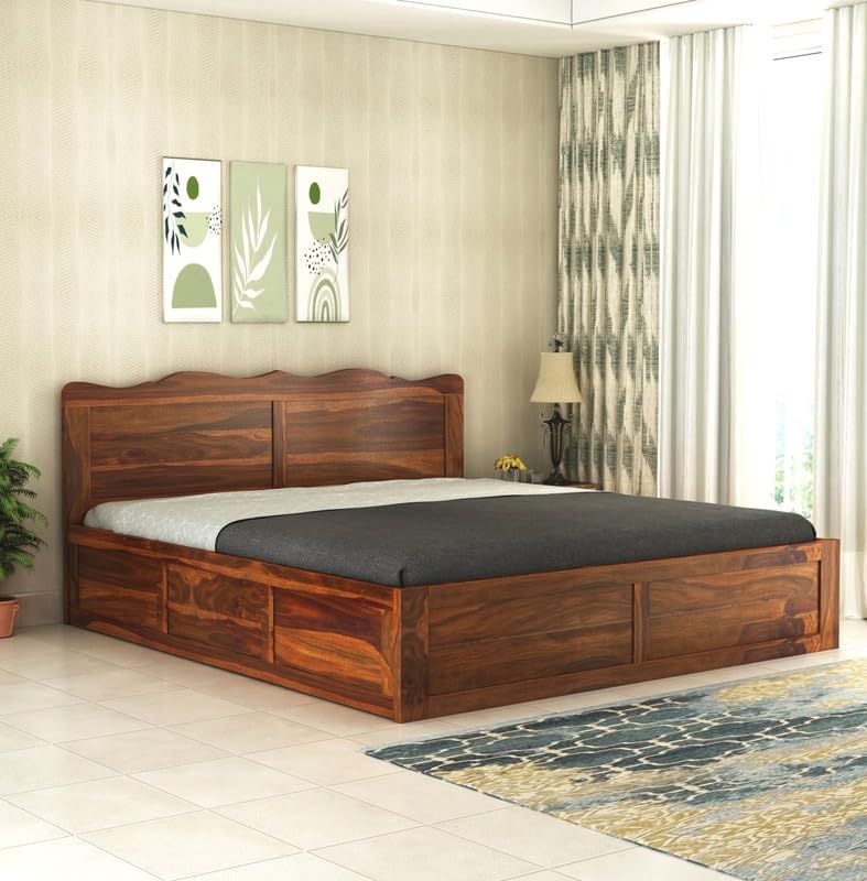 Image of Wooden King Size Bed with Storage | Double Bed Cot Bed with Box Storage for Bedroom & Hotel | Sheesham Wood, Honey, Recommended Mattress Size: 78 X 72