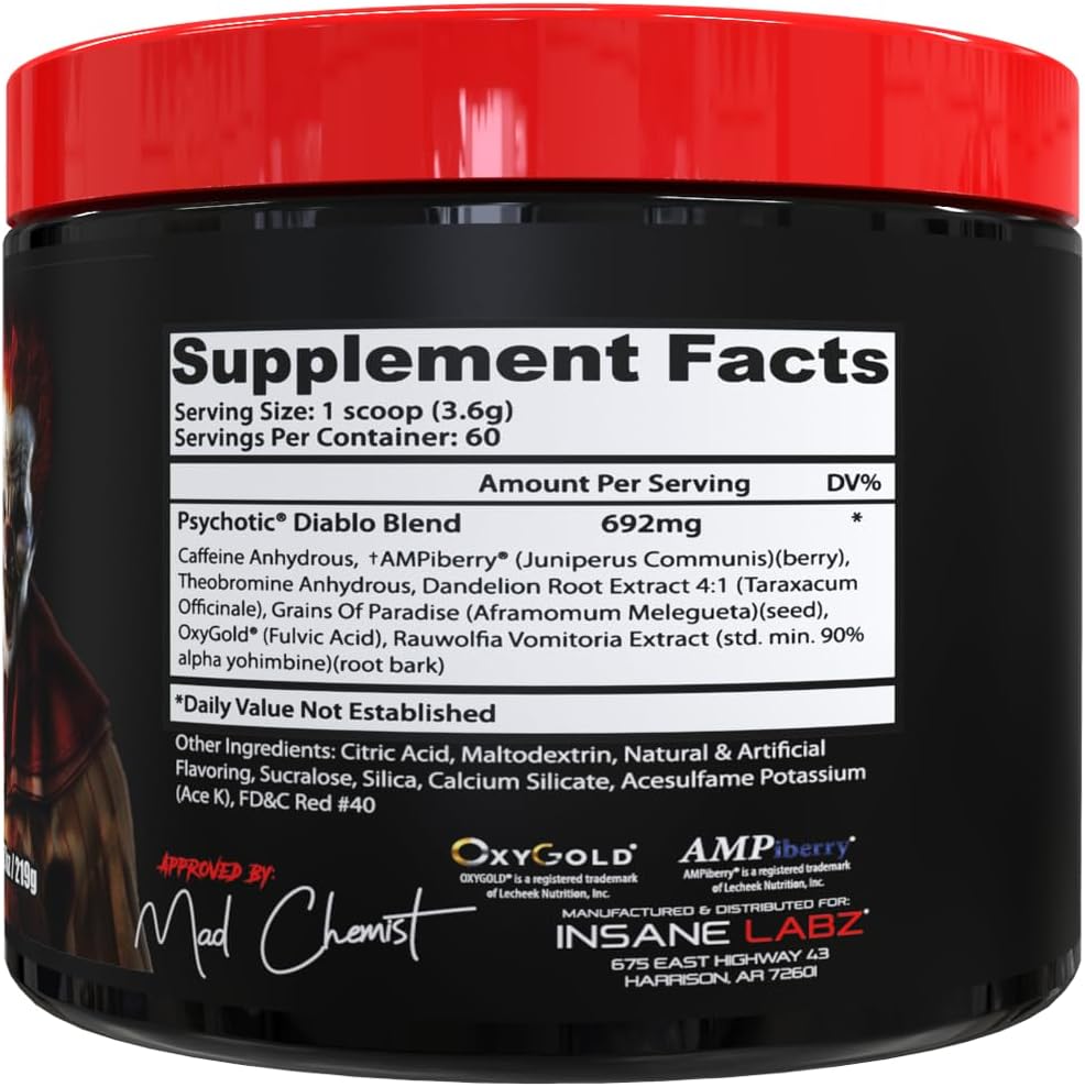 Insane Labz Psychotic Diablo Thermogenic Fat Burner for Men and Women with Grains of Paradise Theobromine Dandelion Root Extract Fueled by AMPiberry, Appetite Suppressant - 60 Servings