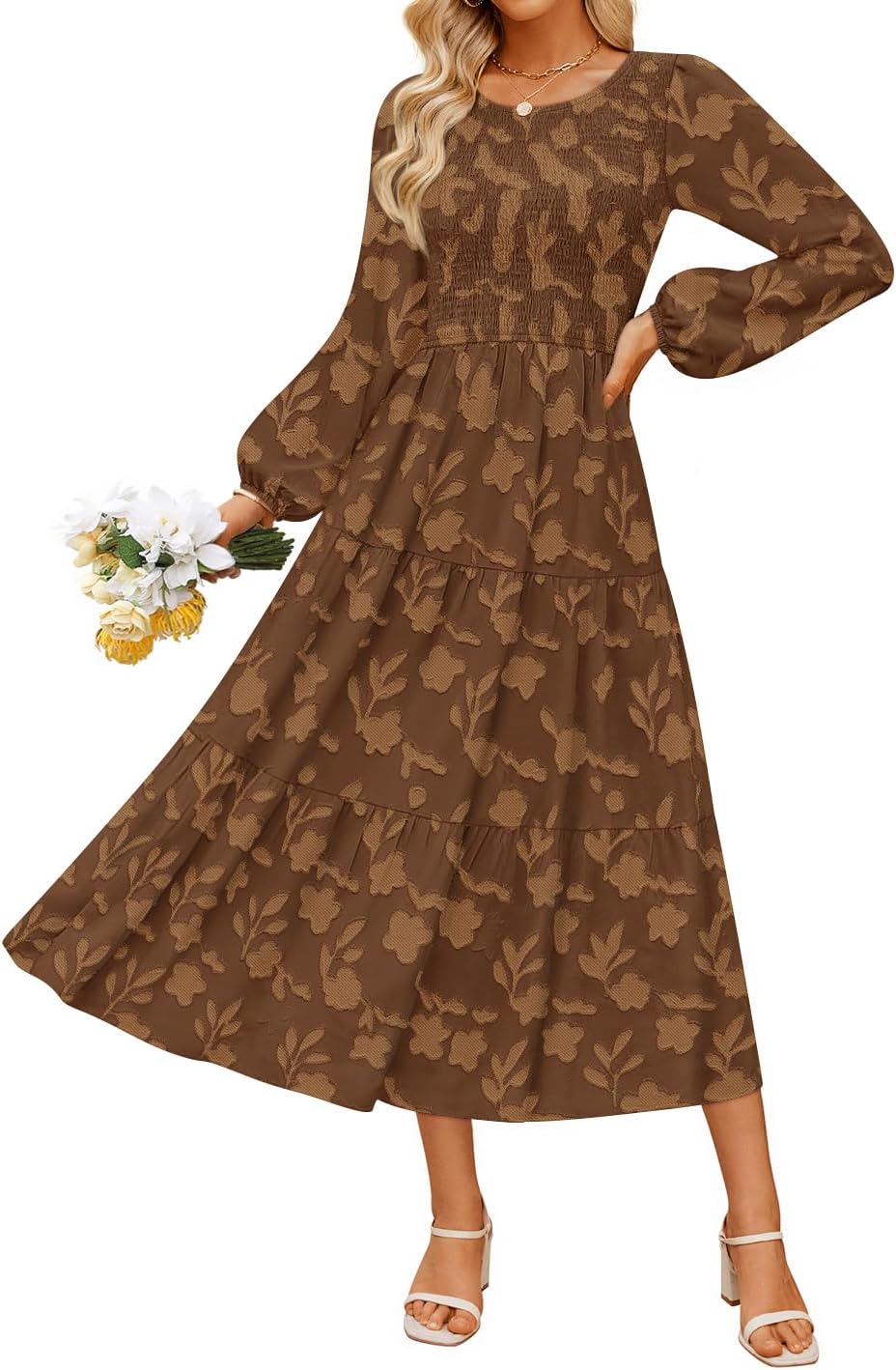 ZESICA Women’s Fall Boho Floral Midi Dress 2025 Casual Long Sleeve Crewneck Flowy Wedding Guest Long Dresses