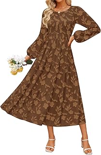 Women's Fall Boho Floral Midi Dress 2026 Casual Long Sleeve Crewneck Flo...