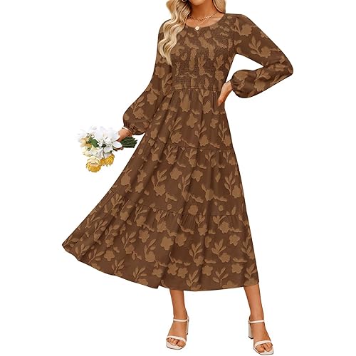 ZESICA Women's Fall Boho Floral Midi Dress 2025 Casual Long Sleeve Crewneck Flowy Wedding Guest Long Dresses