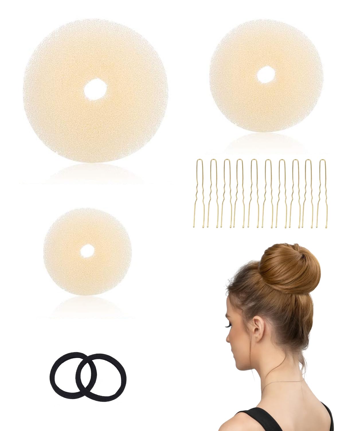 Set Chignon 15 Pezzi Beige, Ciambelle per Capelli Facili & Donut Maker. Accessori Completi per Acconciature Eleganti Bambina, Donna, Danza.