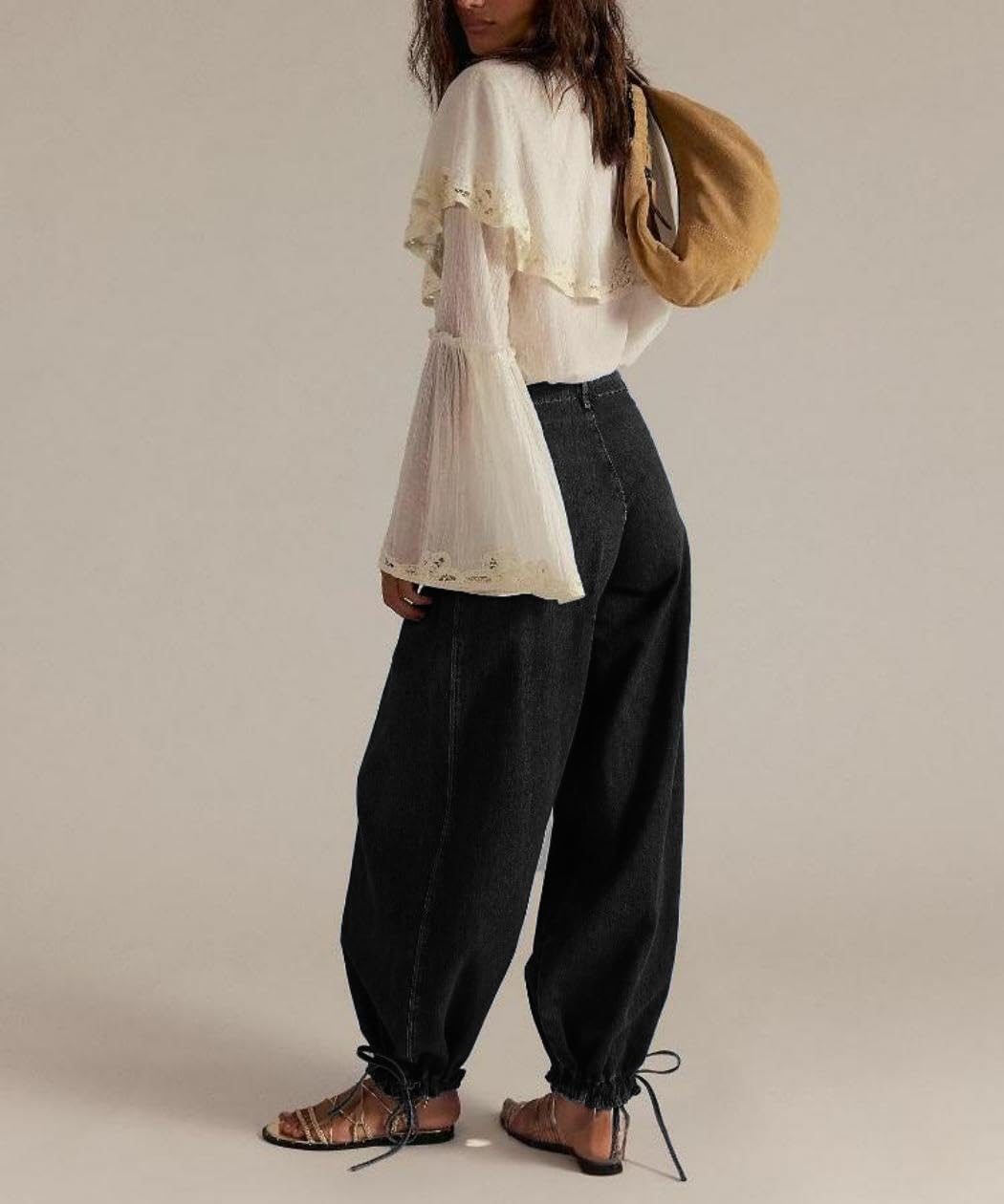 yoeasy Women's Lotus Tube Jeans Mid Rise Baggy Wide Leg Barrel Jeans Drawstring Ankle Denim Pants with Pockets - Image 3