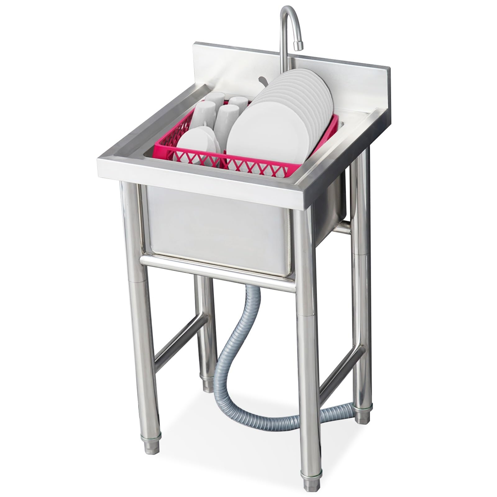 YADZISW Commercial 304 Stainless Steel Sink 1 Compartment Free Standing Utility for Garage, Restaurant, Kitchen, Laundry Room, Outdoor