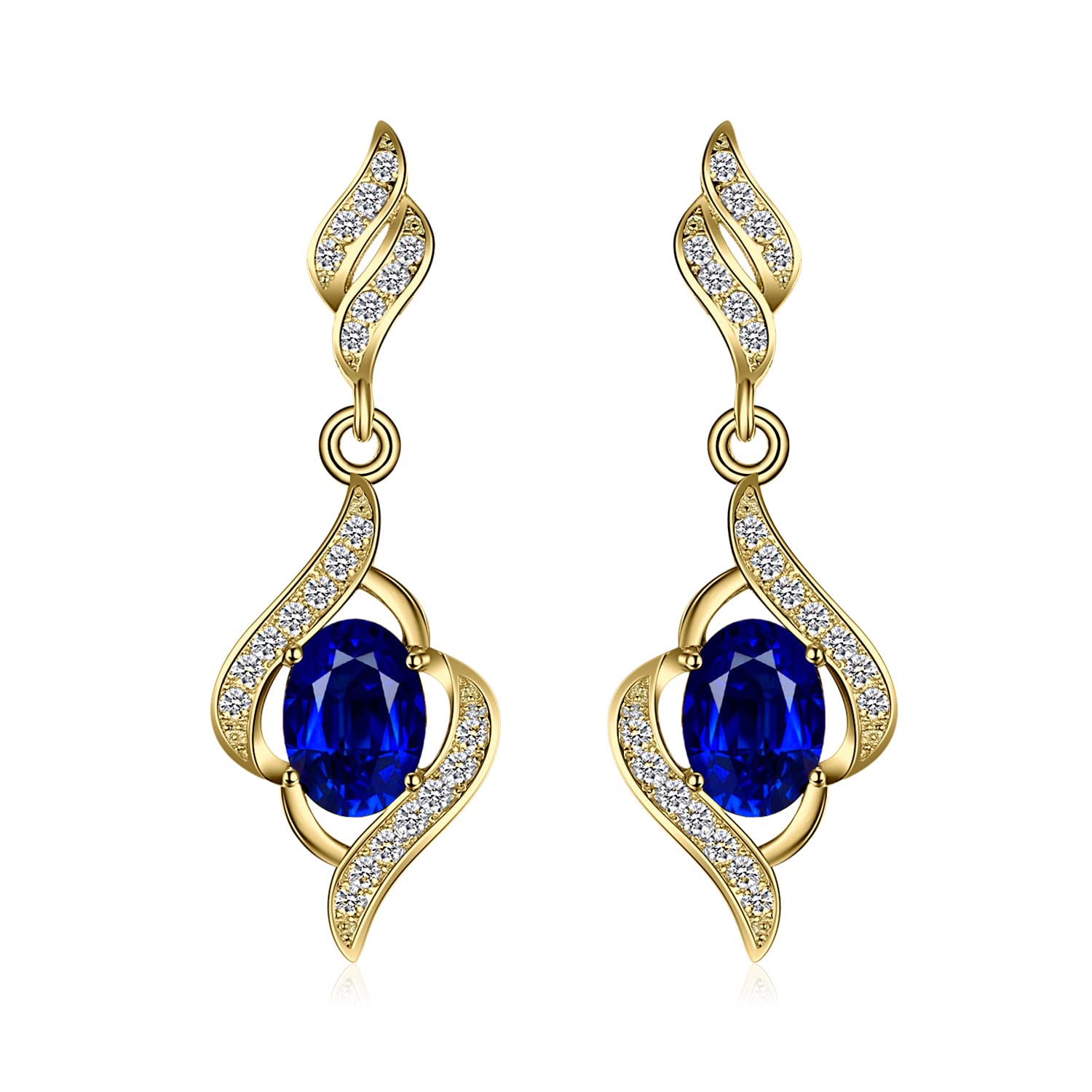 JewelryPalace Pendientes Colgantes Mujer Plata Oro 14k Oro Rosa, Ola Pendientes de Gota 2.2ct Zafiro Azul Creado Corte Ovalado, Elegantes Pendientes Niña Piedra Preciosa, Joyas Mujer