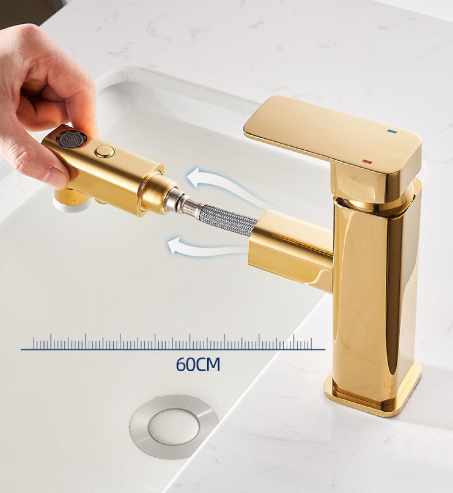 Baterie umywalkowe łazienkowe Miedziana bateria wyciągana Umywalka łazienkowa Umywalka do rąk Bateria Golden Basin Płyn do płukania ust Ciepła i zimna woda, Golden High Style