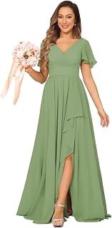 Women's V Neck Chiffon Bridesmaid Dresses with Pockets Pleated Aline Formal Evening Dresses with Slit 2025 DE164