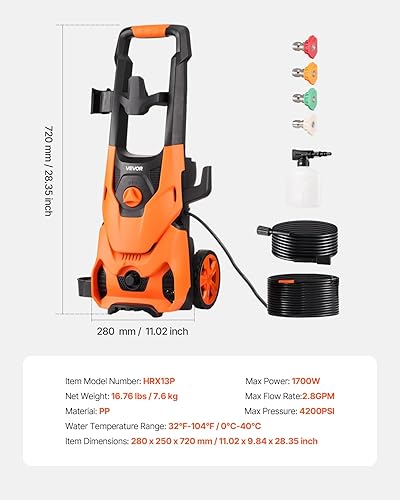 Miniatura 7 de VEVOR Lavadora a presión eléctrica, máximo 4200 PSI y 2.8 GPM, máquina de limpieza a presión de alta potencia con 4 boquillas de conexión rápida