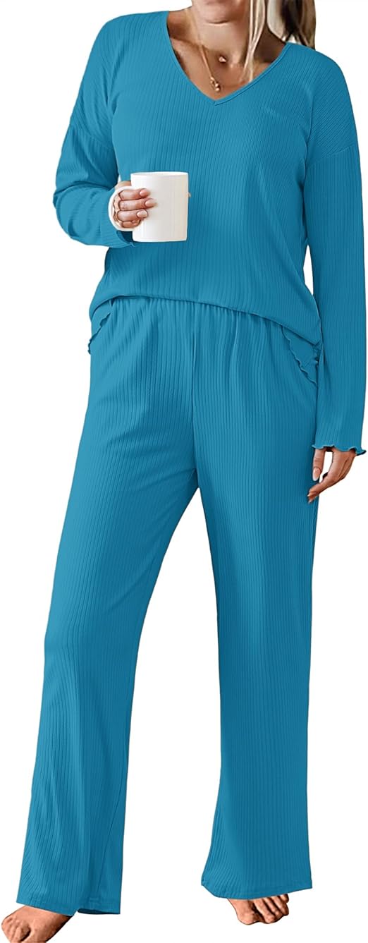 Ekouaer Womens Ribbed Knit Pajamas Set V Neck Long Sleeve Pj Set 2 Piece Loungewear Casual Sleepwear
