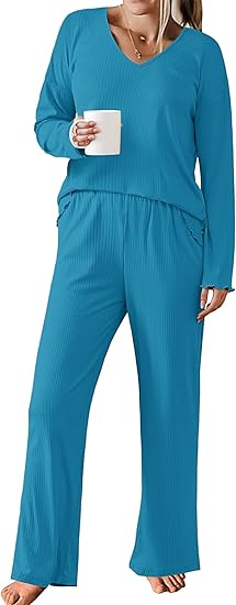 Ekouaer Womens Ribbed Knit Pajamas Set V Neck Long Sleeve Pj Set 2 Piece Loungewear Casual Sleepwear