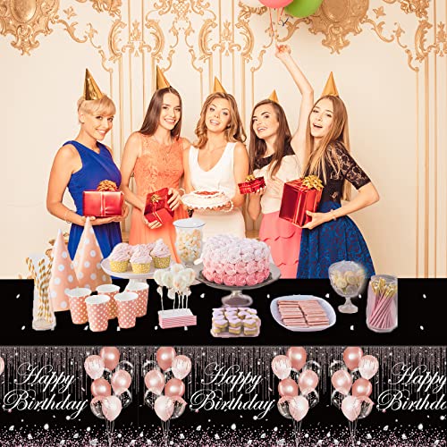 Image of 3pcs Black Rose Gold Birthday Tablecloths - Party Decorations With Pink Sequin Plastic Table Cover, Glitter Diamonds - Happy Birthday Supplies for Girl Women Wedding Party