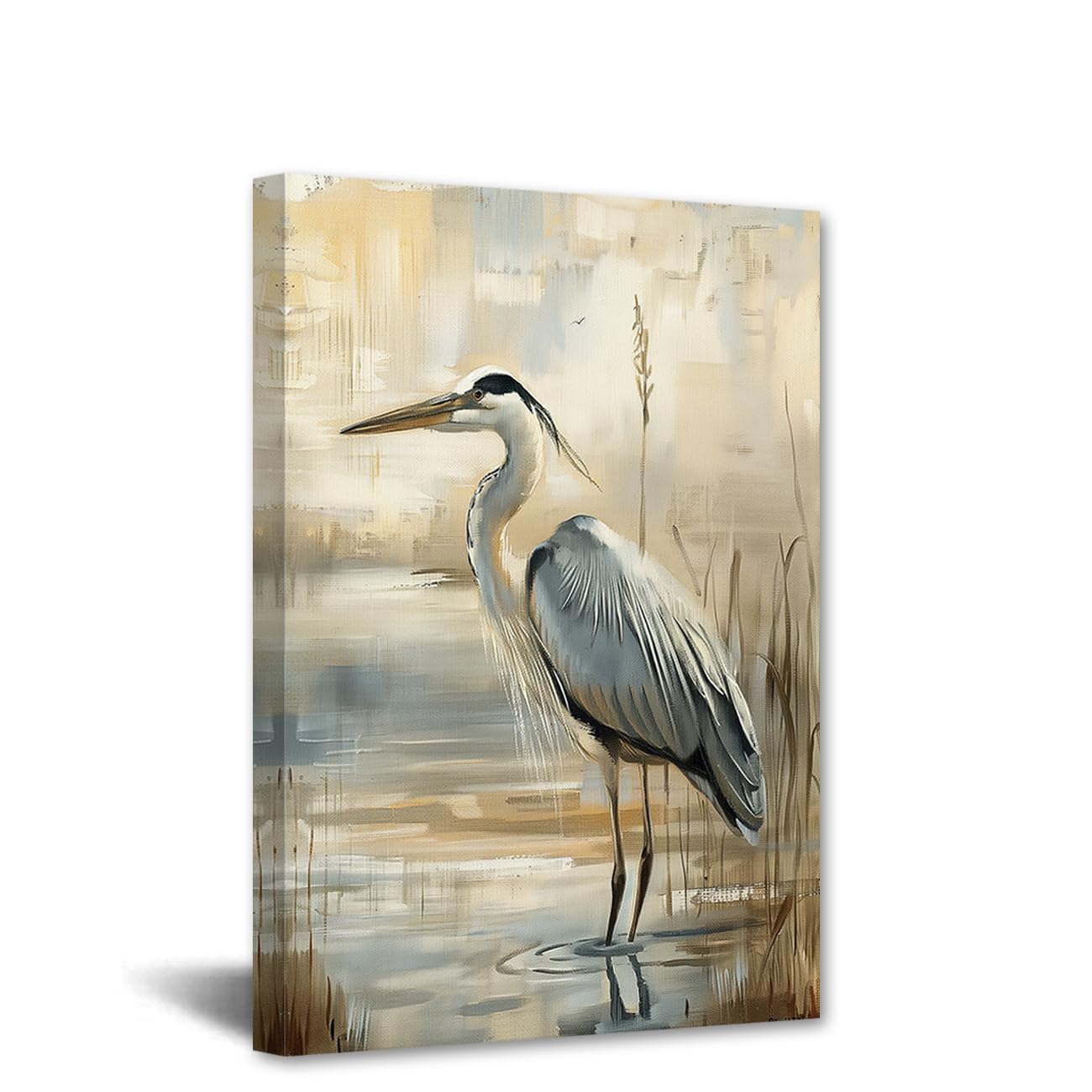CCWACPP Heron Canvas Wall Art Coastal Bird Painting Blue Heron on the Beach Pictures Vintage Animal Poster Living Room Bedroom Office Kids Room Decor Frame (30.00 x 45.00 cms)