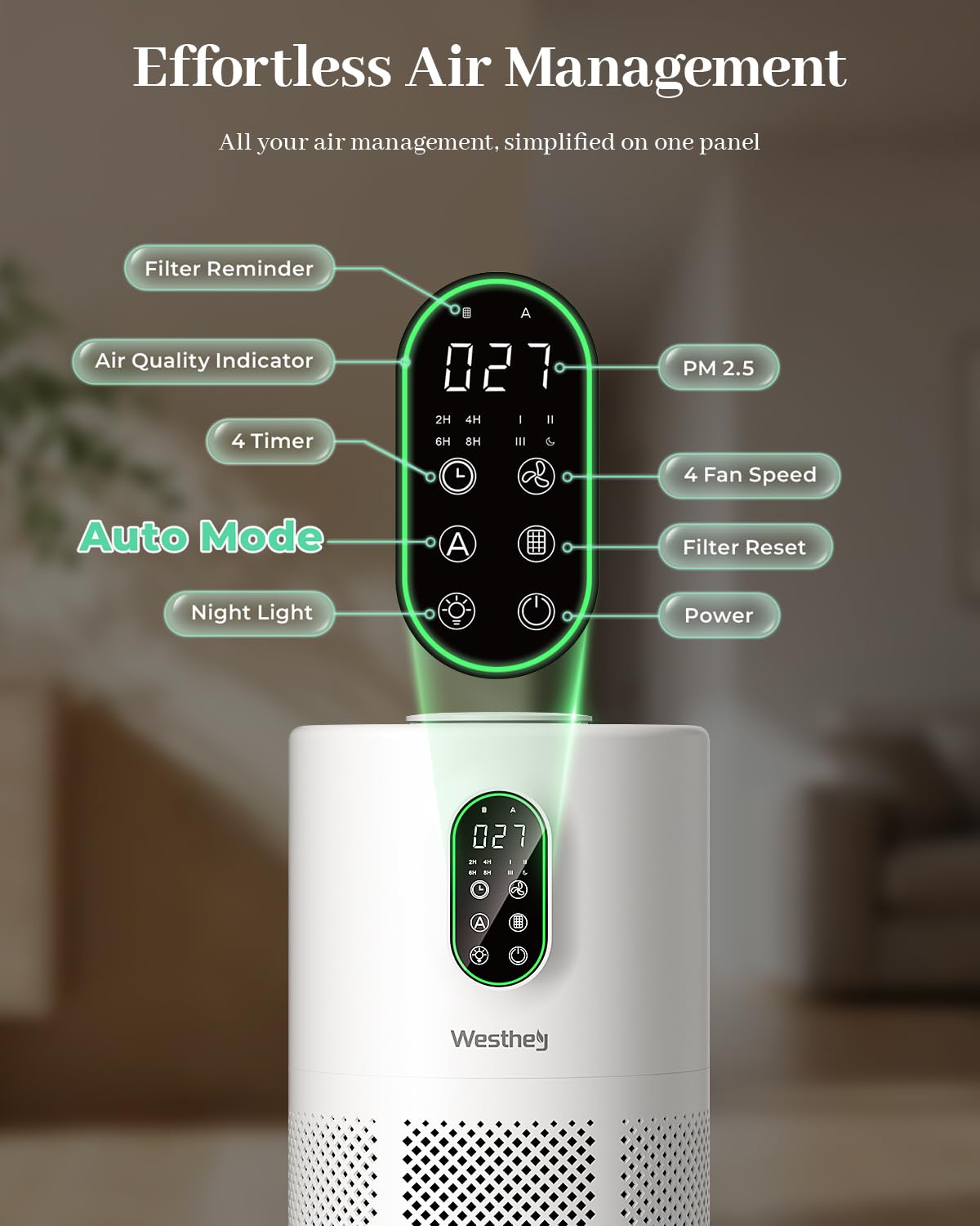 Purificatori d'aria per la casa di grandi dimensioni 1650 m² con filtri lavabili, WESTHEY H13 HEPA purificatore d'aria con fragranza che scorre luce ambientale, filtro dell'aria per Wildfire, fumo