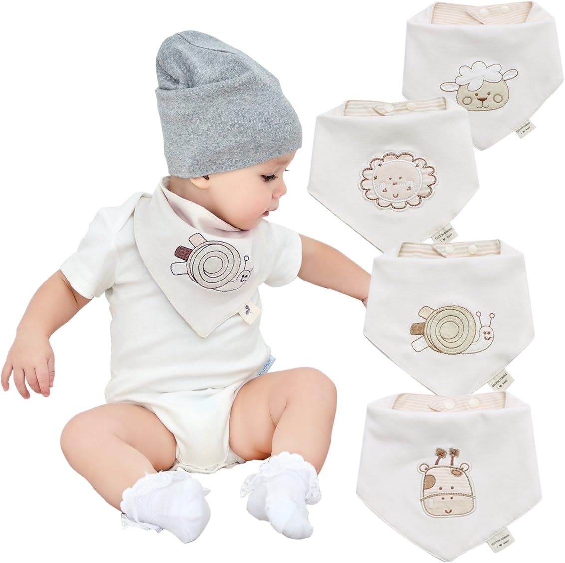 Neutral Organic Baby Bandana Drool Bibs for Boys and Girls 4 Pack-Funny Soft Cute Unisex Baby Teething Bibs and Embroidery Gender Neutral Bibs for Newborns, Infants and Toddlers