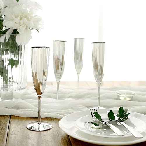 Miniatura 2 de Efavormart - Juego de 6 copas de champán desechables metálicas de alta calidad de 5 onzas, elegantes y elegantes flautas plateadas para brindis de