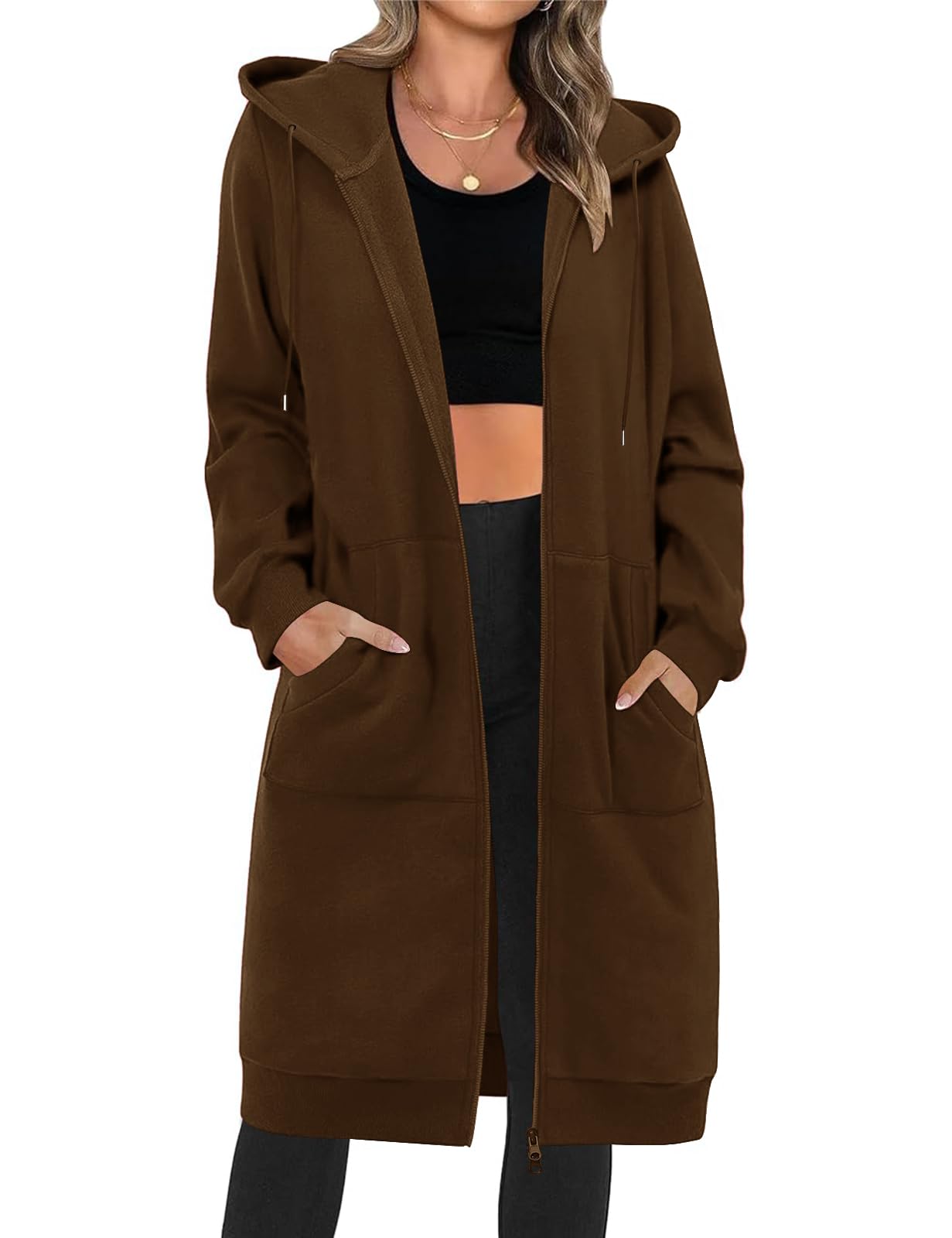 Tuopuda Damen Lange Kapuzenpullover mit Reißverschluss Hoodie Jacke Langarm Herbst Winter Pulli Sweatjacke Sweatshirts Kapuzenpullover Streetwear Strickjacke mit Taschen(Kaffee,XXL)