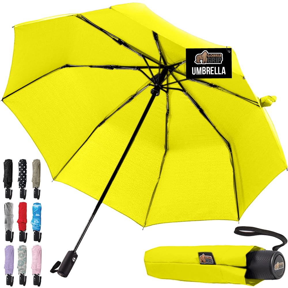 Gorilla Grip Compact Travel Umbrella for Rain, Windproof Reinforced Fiberglass Ribs, Coated, Portable, One-Click Automatic Open and Close, Collapsible and Lightweight Small Umbrella, 42 Inch, Yellow