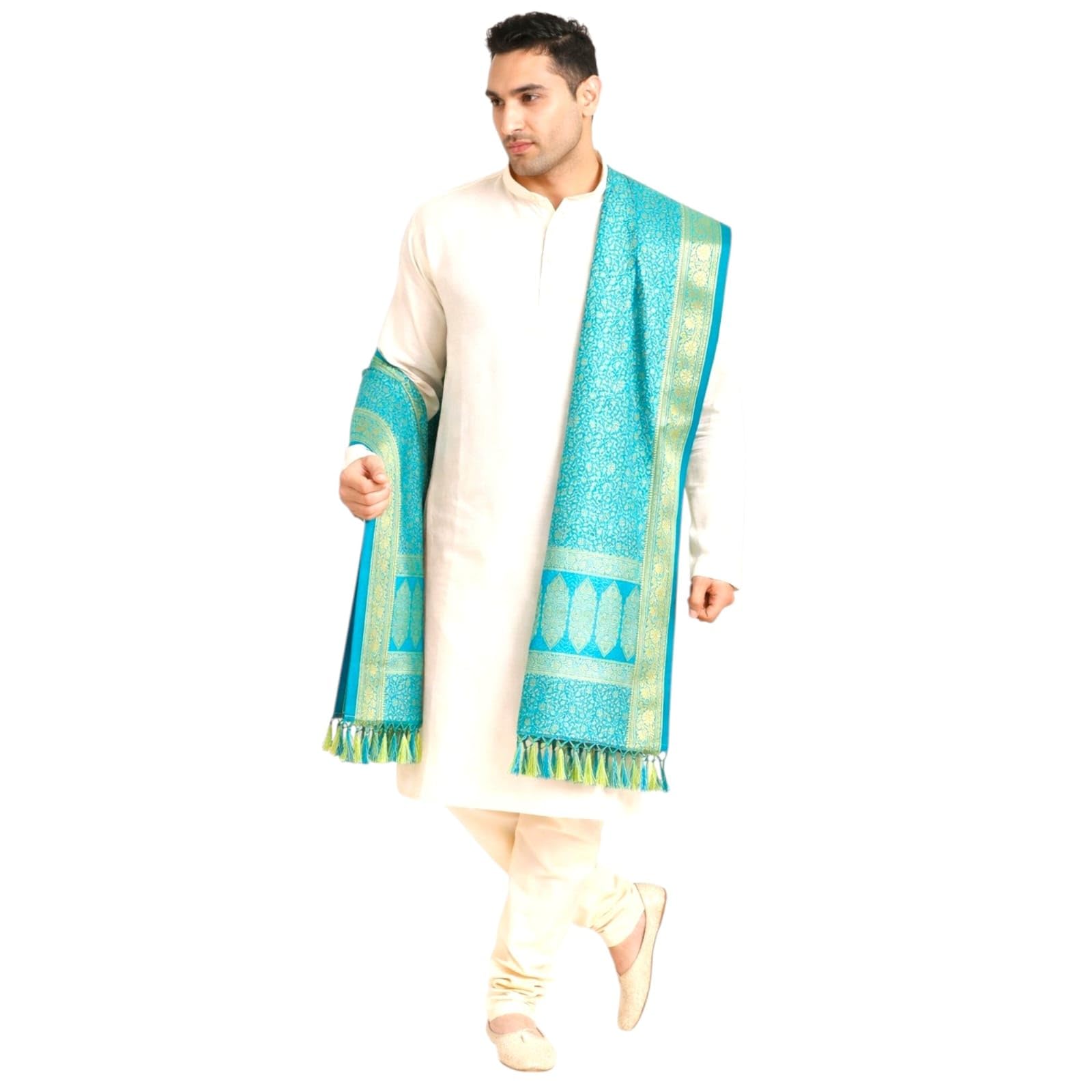 Men's Silk Dupatta with Zari Work, Turquoise Firoza-picture-47