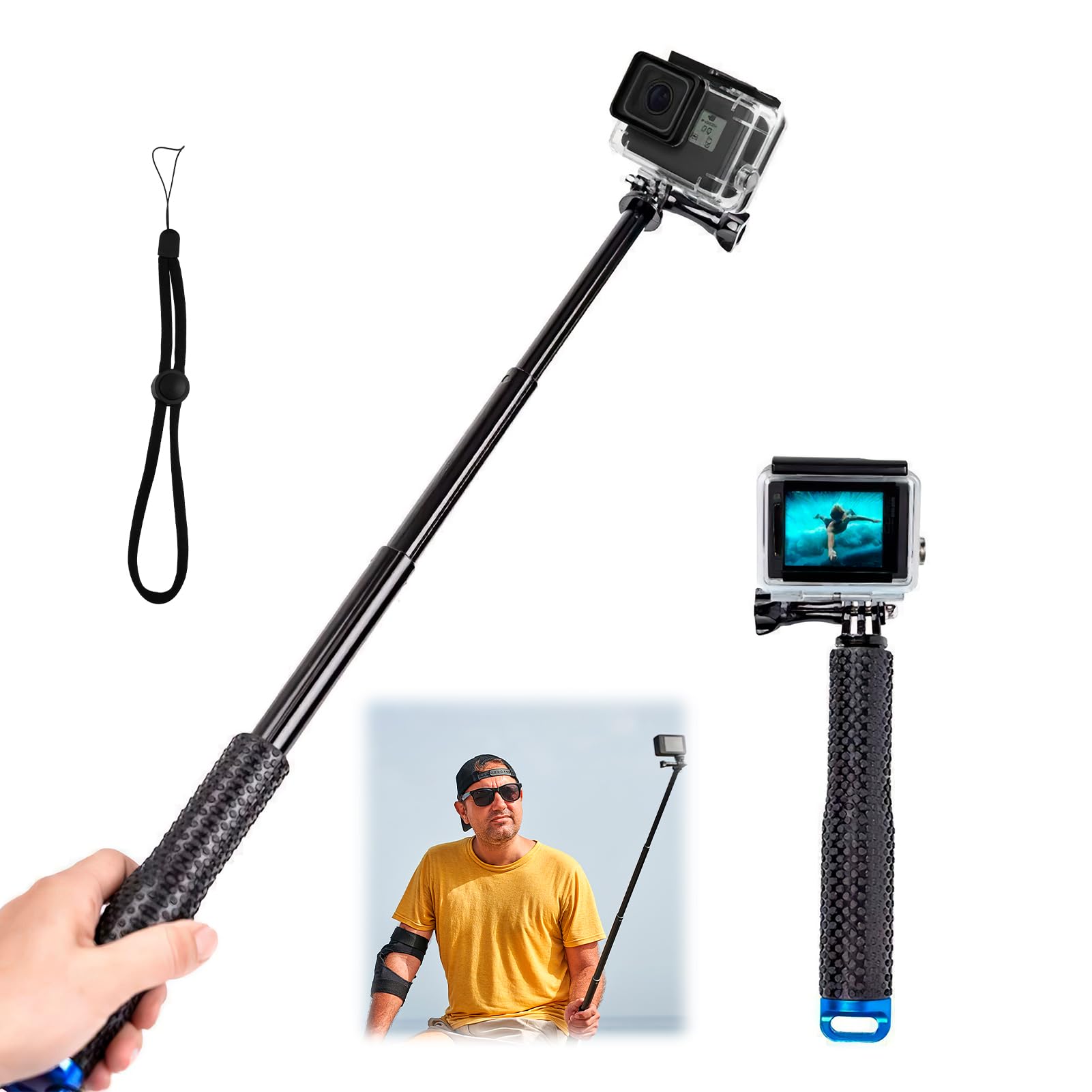 49CM Bastone Subacquea per GoPro, Bastone Selfie Telescopico Monopiede Allungabile Asta Impugnatura Selfie Stick per GoPro Hero 13/12/11/10/9/, per DJI, per Insta360 Ace Pro e altre Action Camera