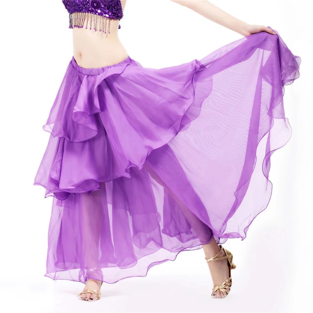 Disimlarl Gonna da donna traspirante a 3 strati in chiffon per lezione di danza del ventre, gonna per costume da ballo