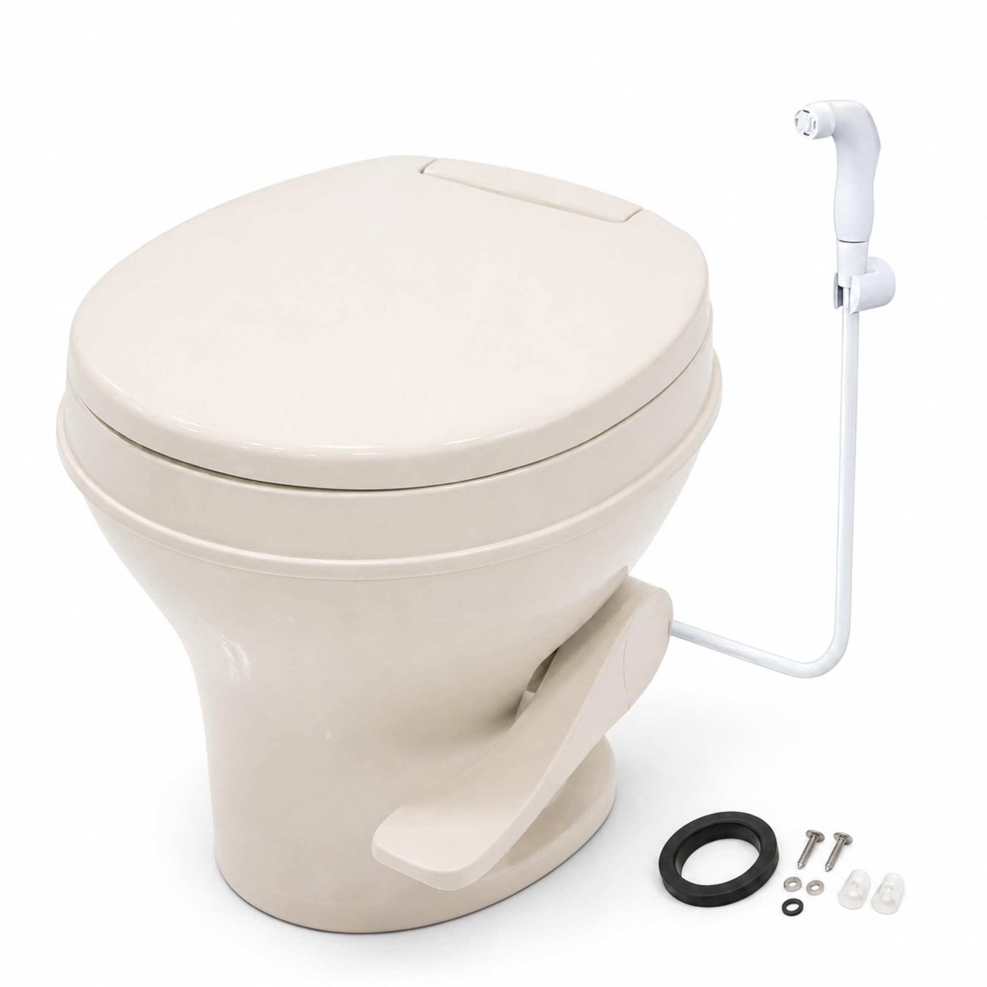 SEAFLO Residential Height Bone Camper/RV Toilet with Sprayer Attachment, 18.5” Standard Height, Gravity Flush System, Pedal Operation, Soft Close Seat, 4-Year Warranty (Bone W/Sprayer Attachment)