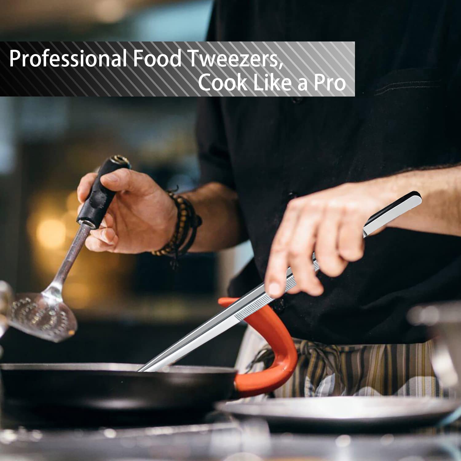 JETKONG Juego de 4 pinzas de cocina de acero inoxidable, pinzas largas de cocina profesionales para cocinar, reparar y barbacoa (10 + 12 pulgadas, plateado)