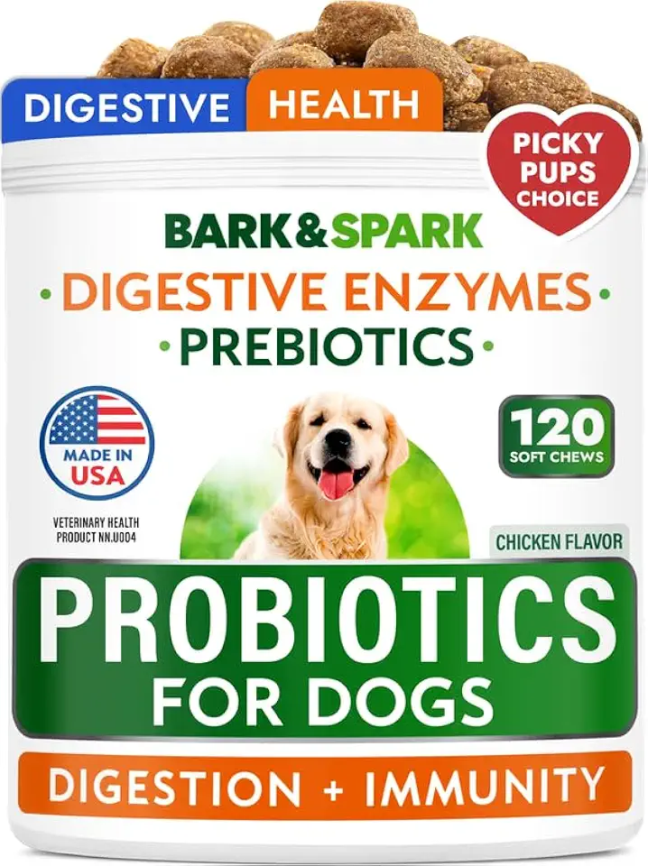BARK&SPARK Dog Probiotics for Digestive Health w/Enzymes - Diarrhea Gas Treatment Upset Stomach Relief - Allergy & Itchy Skin - Pet Probiotics for Dogs - 120 ct Grilled Chicken