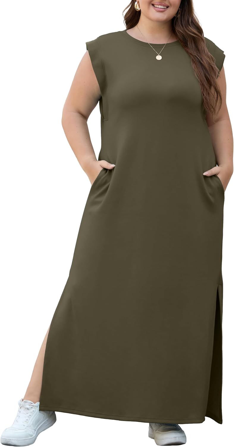 OLRIK Plus Size Maxi Dresses for Curvy Women 2026 Summer Casual Cap Sleeve Split Long Dress with Pockets Loose Fit - Image 2