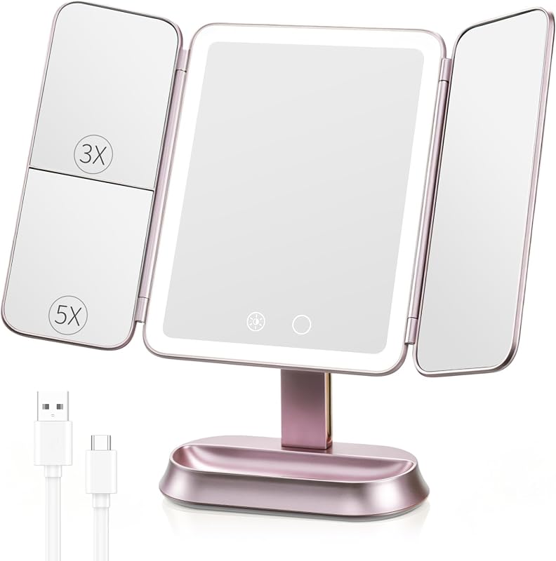 Espelho para maquiagem FRANO com iluminação, ampliação 1X/3X/5X, dobrável em três partes, sensor inteligente, 3 cores de luz e recarga USB, Metallic Purple