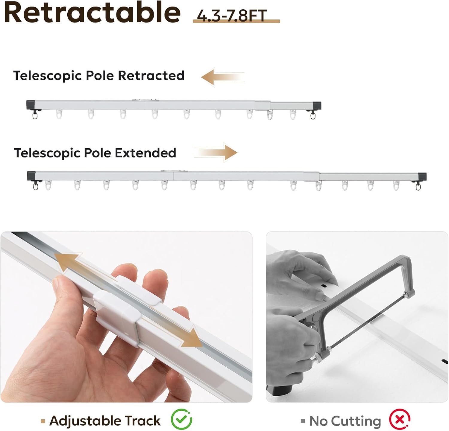 zeerobee telescopic ceiling curtain track system, retractable ceiling track for curtains, 4.3-7.8ft adjustable length, curtain tracks for room divider, wall mount rail set with rollers hooks 4.3-7.8ft (51?-94?) white