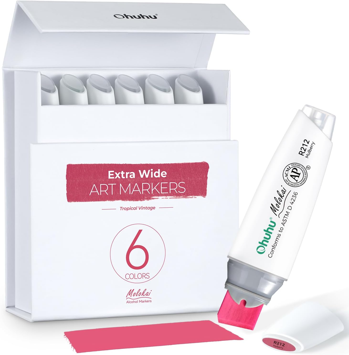 Alcohol Markers Extra Wide Broad Tip - Refillable Ink- 6 Colors of Tropical Vintage - 1-18mm Nib Calligraphy Markers for Poster Design Renderings Large Areas Coloring Molokai Series