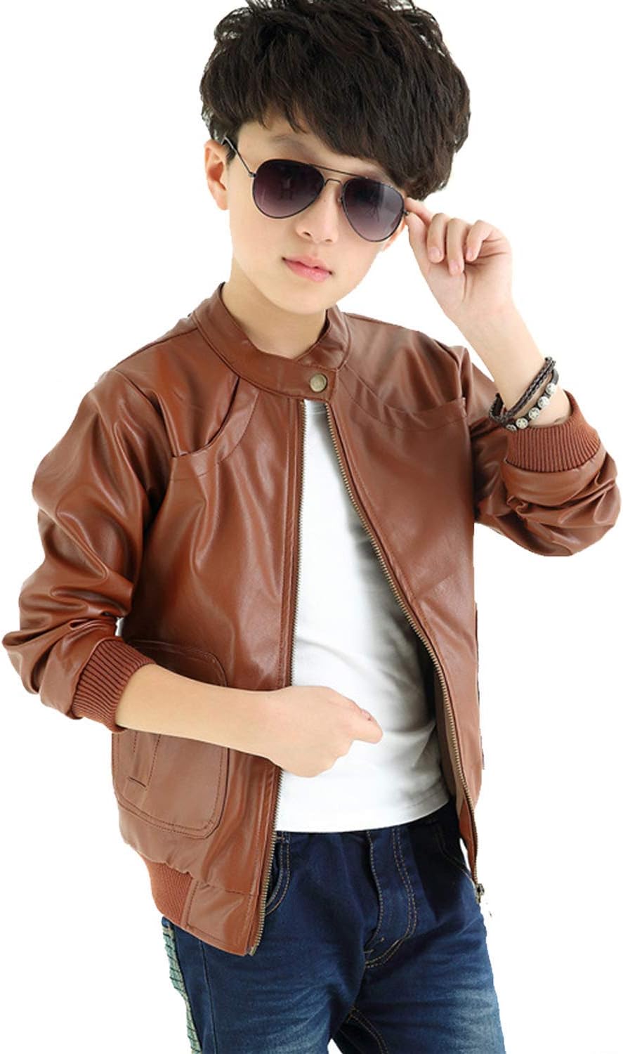 Boys Trendy Stand Collar PU Leather Moto Jacket - Winter Warm Lined Coat with Zipper Closure for Kids (Age 3-12)
