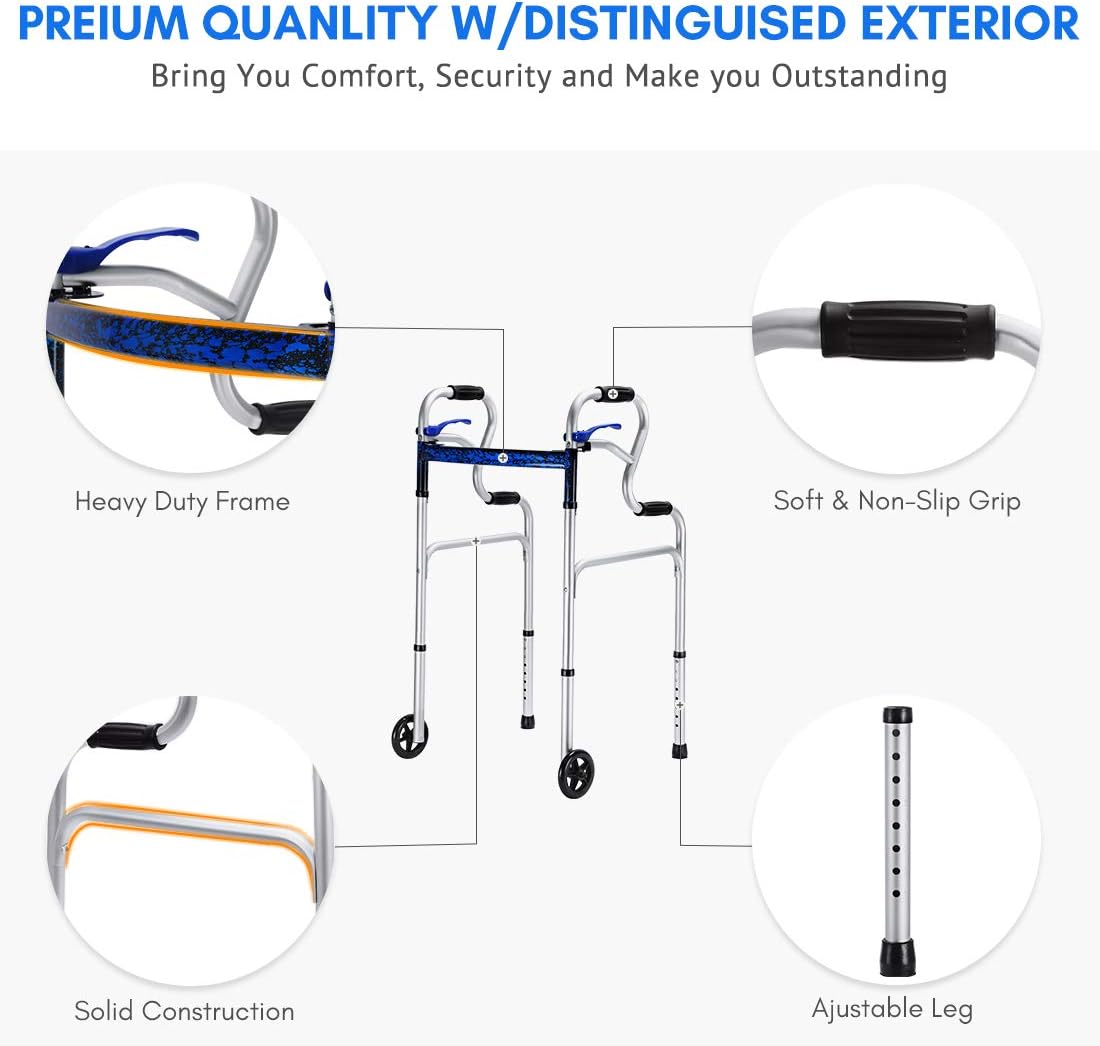 Health Line Massage Products 4-in-1 Stand-Assist Folding Walker with Detachable Seat, Walking Mobility Aid with 5" Wheels 350lbs Capacity, Can be Used as Toilet Safety Rail, Compact & Portable, Silver : Health & Household