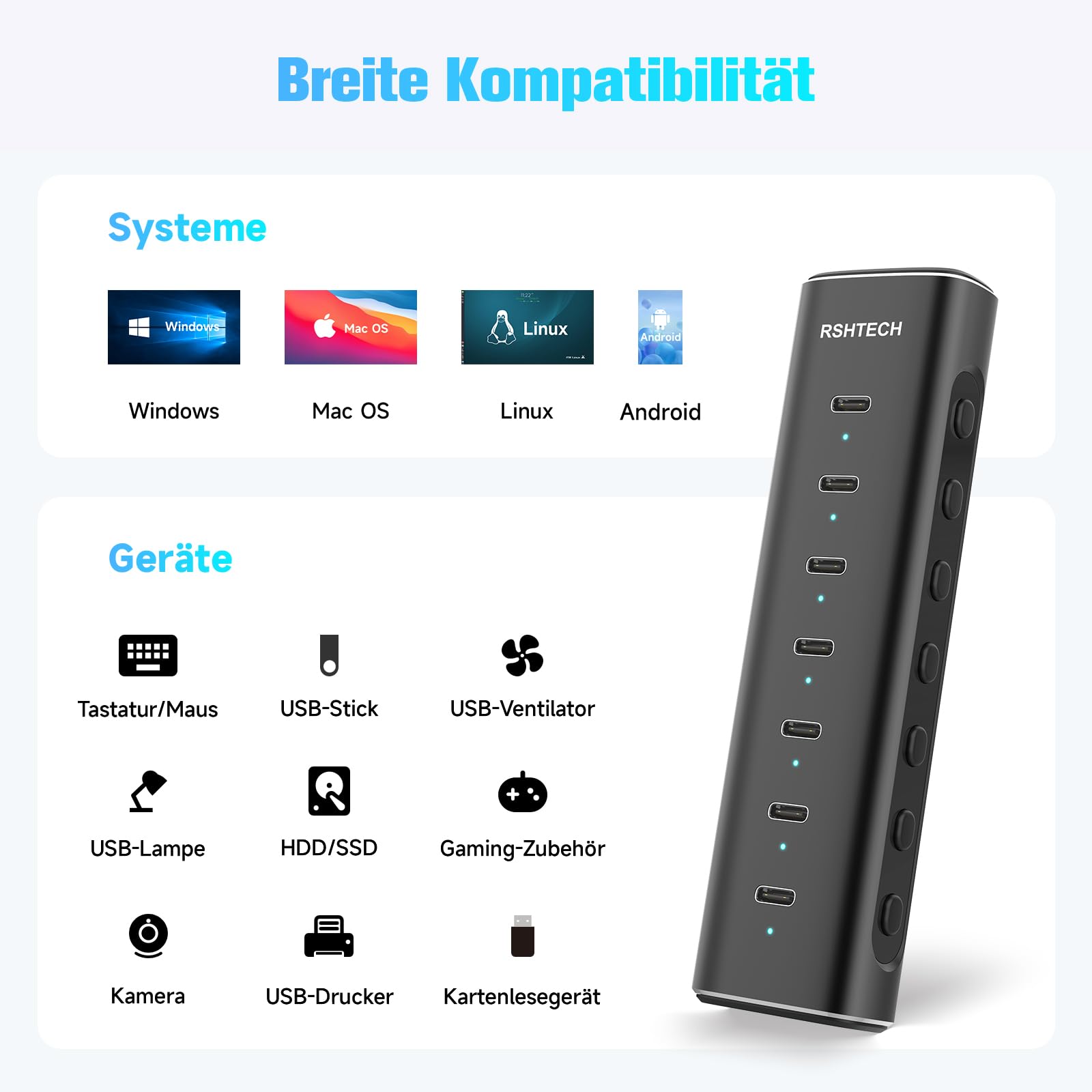 RSHTECH Hub USB C Alimentato, Hub USB 3.2 a 7 Porte in Alluminio con Alimentatore 36W 12V/3A e Cavo 1m per Notebook/PC Desktop Dotati di Porte USB-C e Thunderbolt, RSH-H7C