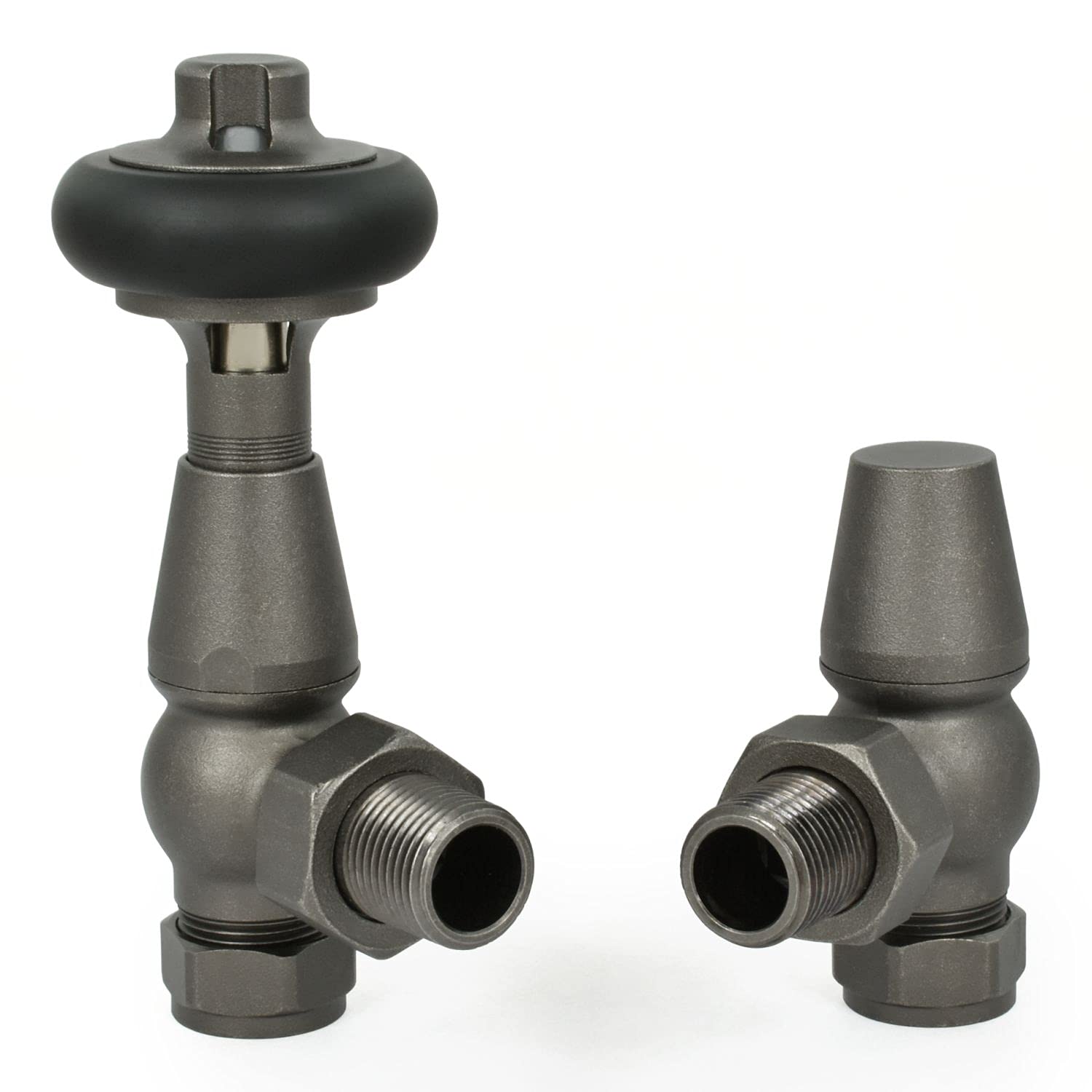 Hot Flow Light Pewter Angled Modern TRV Thermostatic Radiator Valve (Pair) Includes Angled TRV Body & One Lock Shield for Quick & Easy Temperature Control. Perfect for Energy Saving.